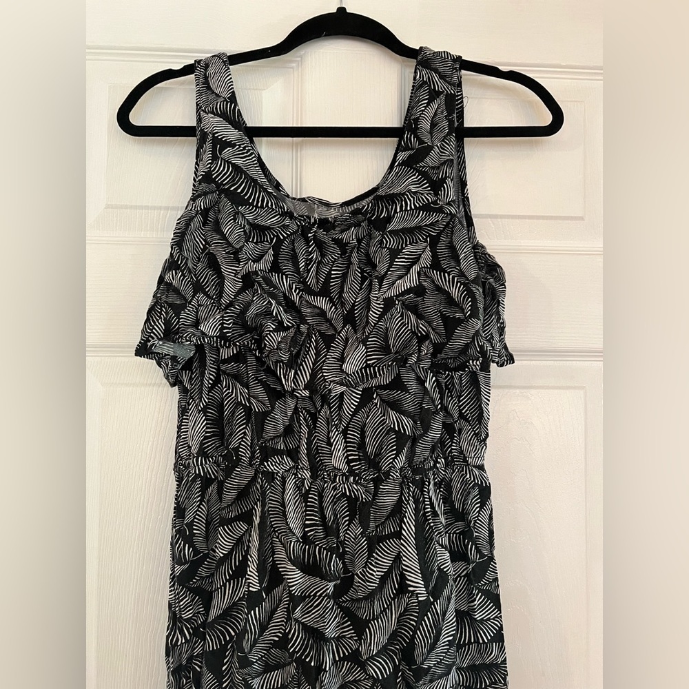 MERONA WOMEN'S PALM PRINT CHALLIS FLOUNCE MAXI DRESS L BLACK & WHITE LEAF